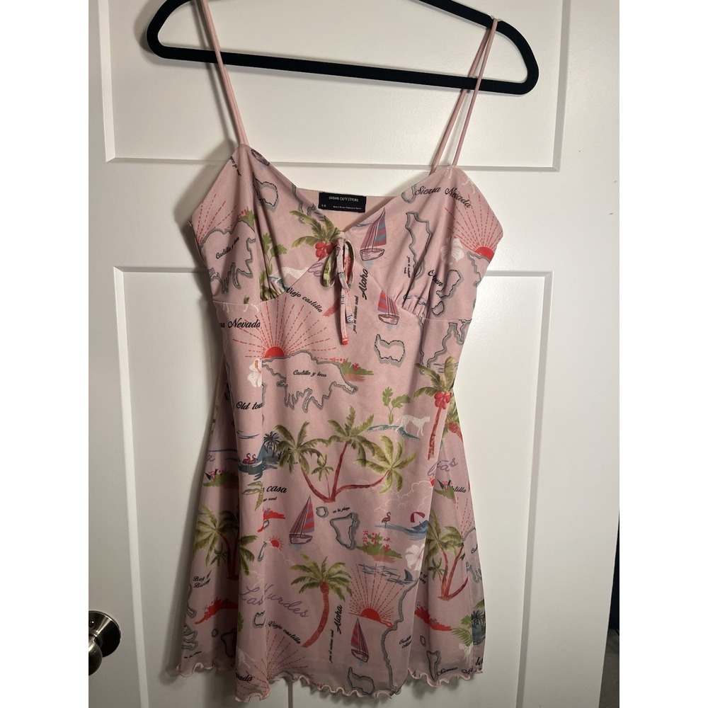 Urban Outfitters Pink Travel Print Spaghetti Strap Mini Dress Large